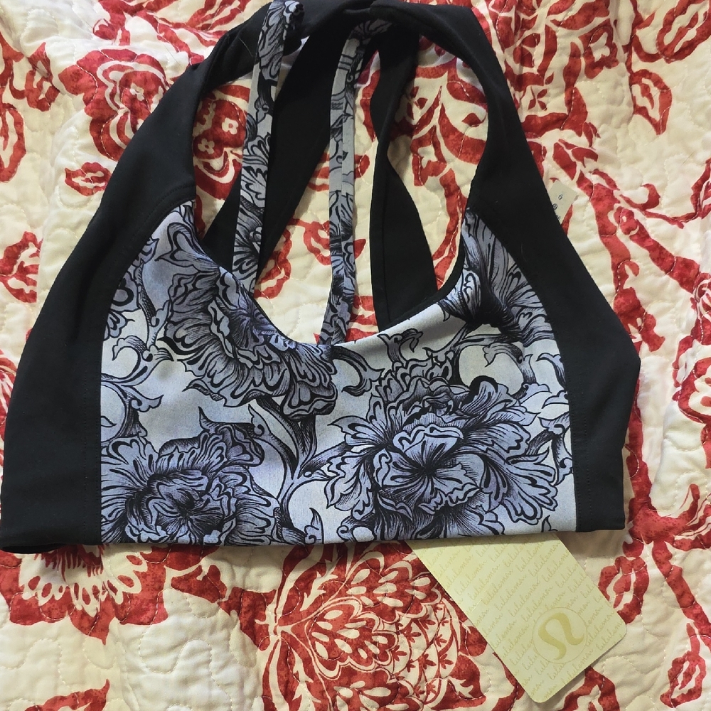 lululemon athletica Black & Light Blue Floral Halter Sports Bra